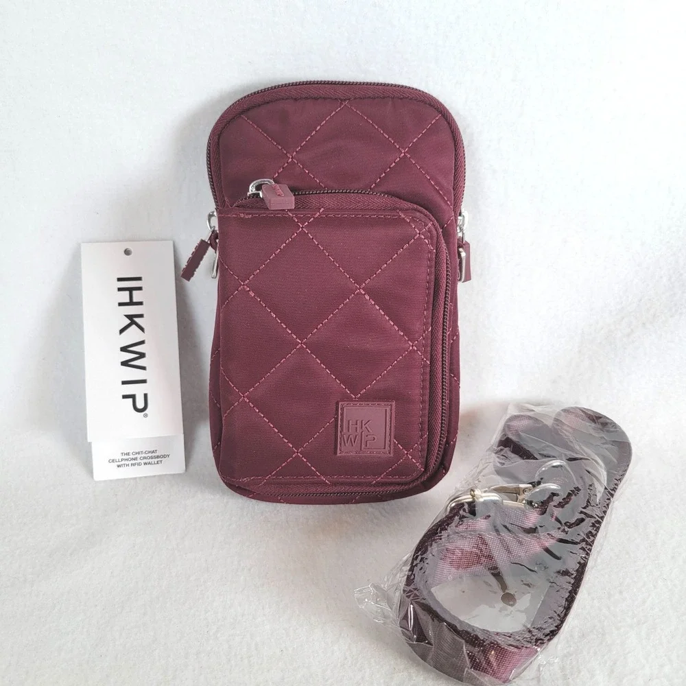 IHKWIP Womens Cellphone Crossbody Chit-Chat RFID Nylon Wallet Burgundy Bag